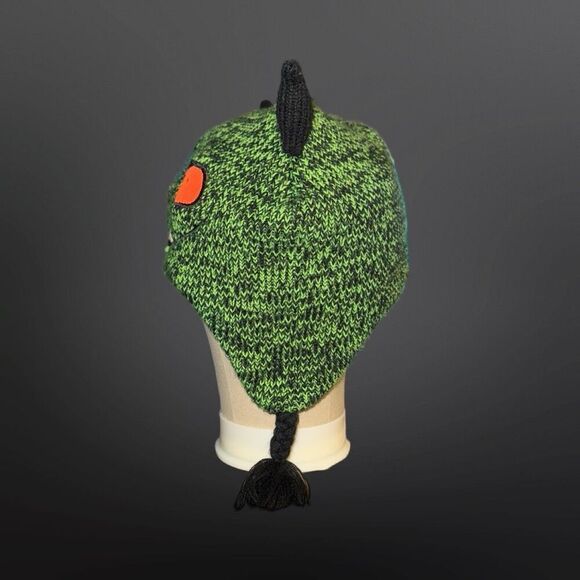 Little Kids Lime/Black Knit Googley Eye Monster Tassle Hat Fleece Lined Ear Flap - Picture 2 of 6